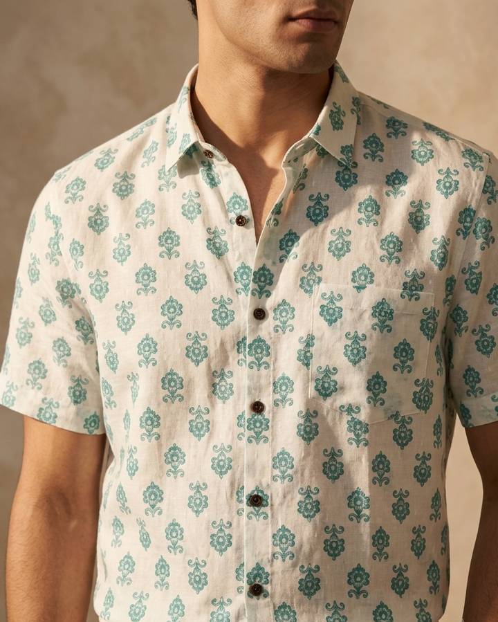 White Handblock Printed 100% Cotton Shirt For Men – Regular Fit - 111