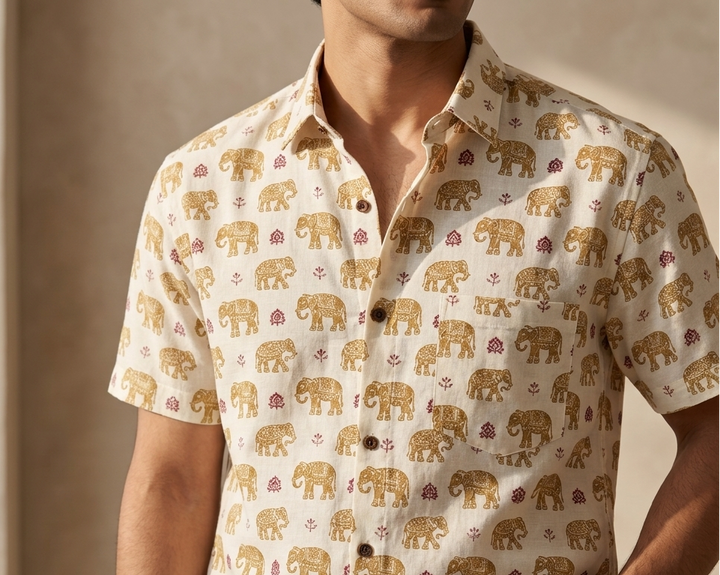 Off White Handblock Printed 100% Cotton Shirt For Men – Regular Fit - 112