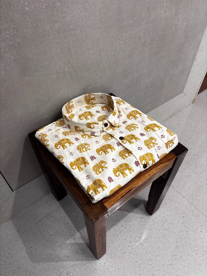 Off White Handblock Printed 100% Cotton Shirt For Men – Regular Fit - 112
