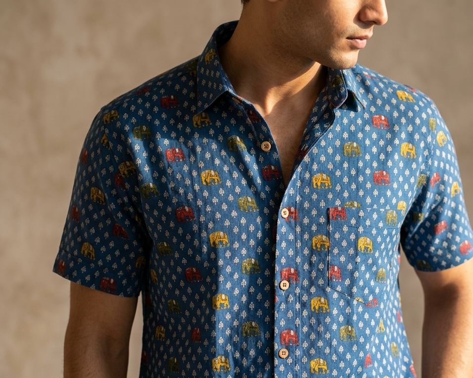 Blue Handblock Printed 100% Cotton Shirt For Men – Regular Fit - 113