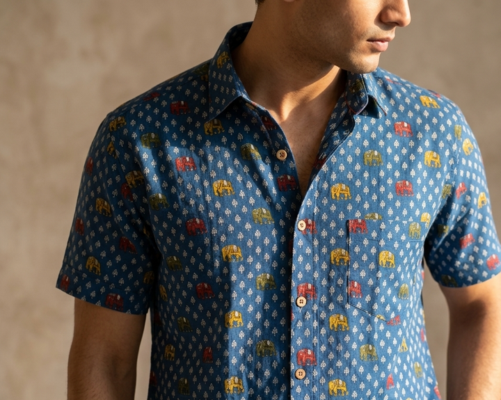 Blue Handblock Printed 100% Cotton Shirt For Men – Regular Fit - 113