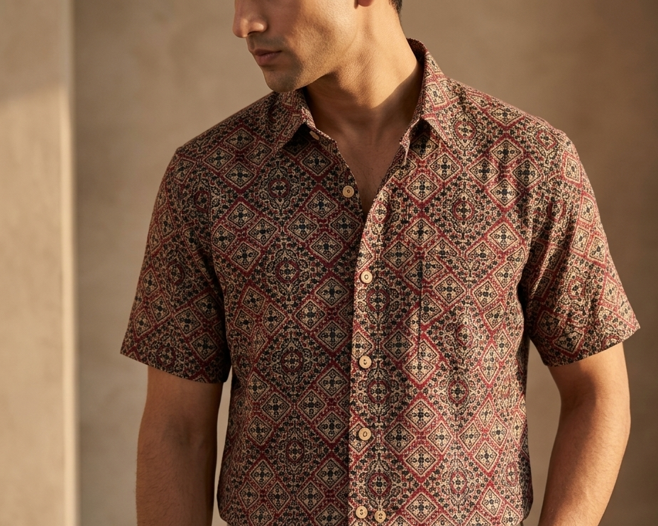 Maroon Handblock Printed 100% Cotton Shirt For Men – Regular Fit - 114