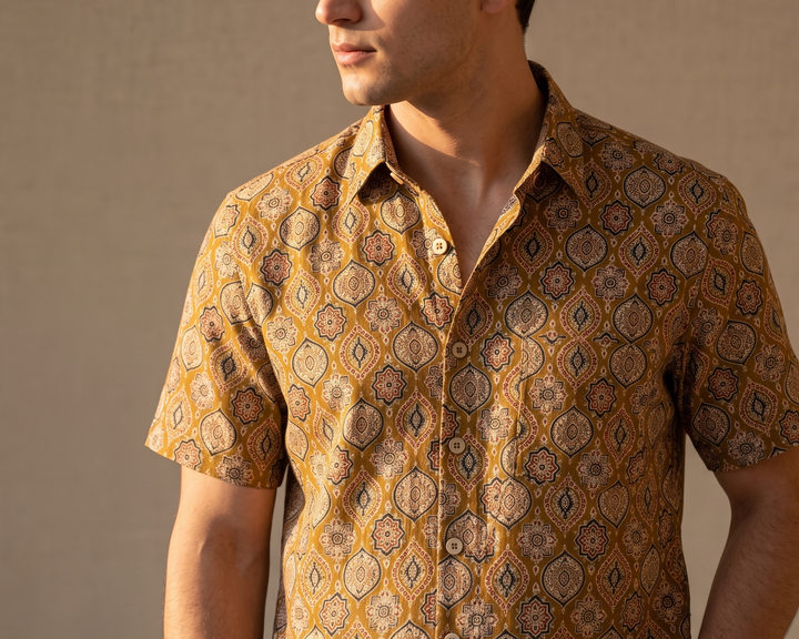Yellow Handblock Printed 100% Cotton Shirt For Men – Regular Fit - 115