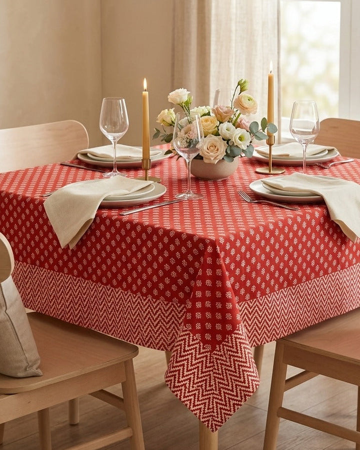 Red Mogra Motif 100% Cotton Square Table Cover(40 x 40 inches)