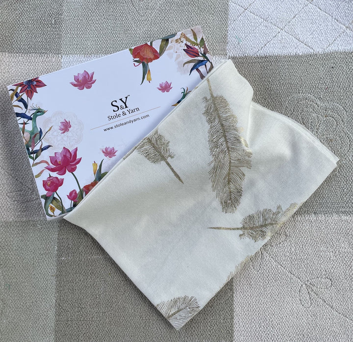 Foil Feather 100% Fine Wool Stole- Ivory