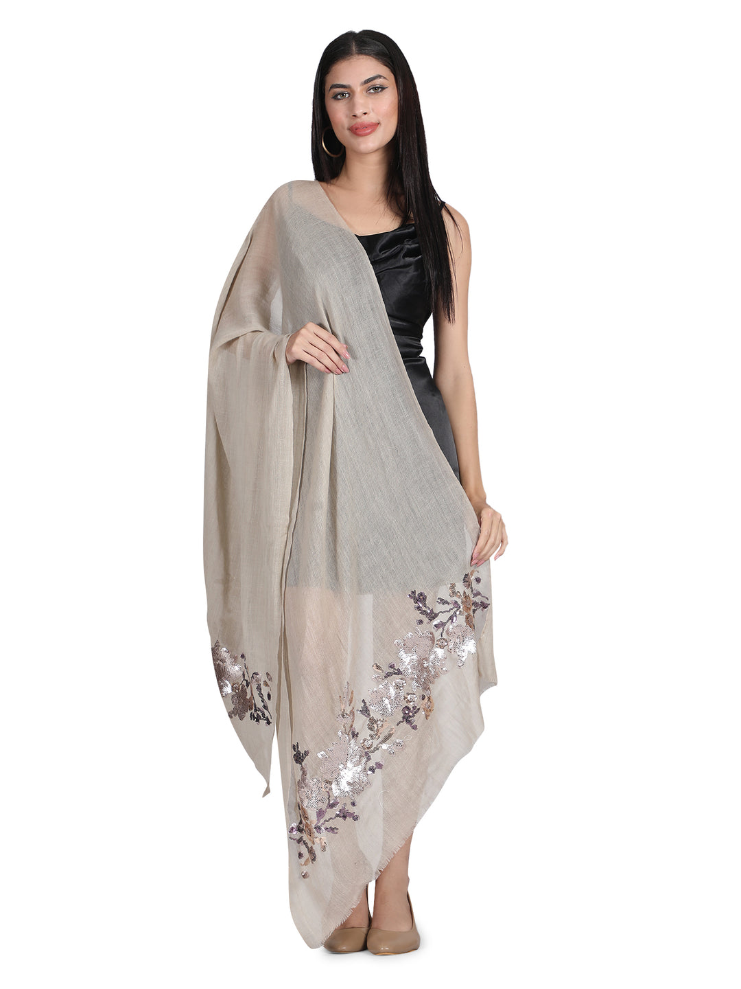 Light Cocoa Floral Sequins Fine Wool Stole - 151
