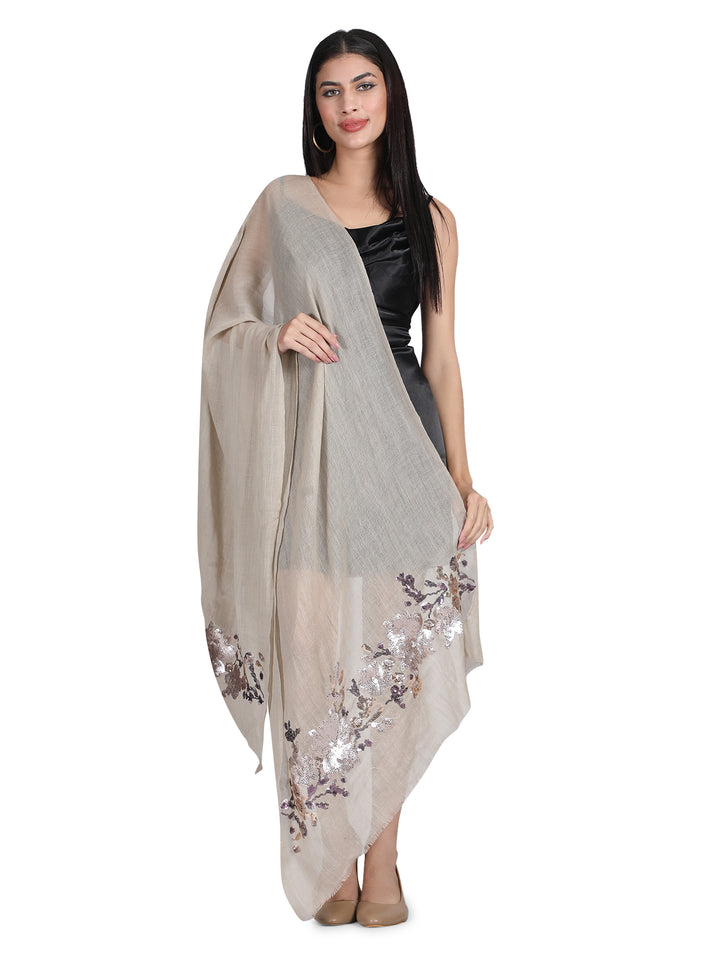 Light Cocoa Floral Sequins Fine Wool Stole - 151