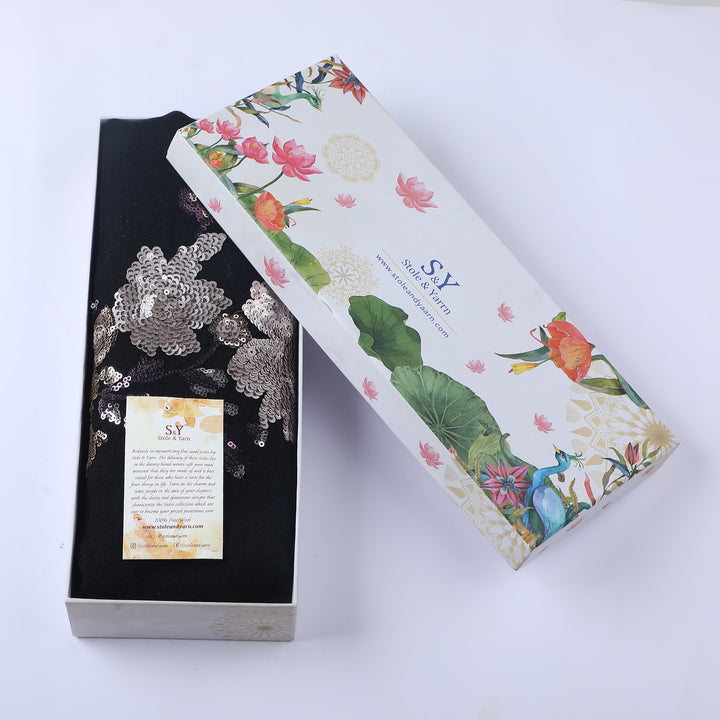 Black Floral Boquet 100% Fine Wool Stole- 349