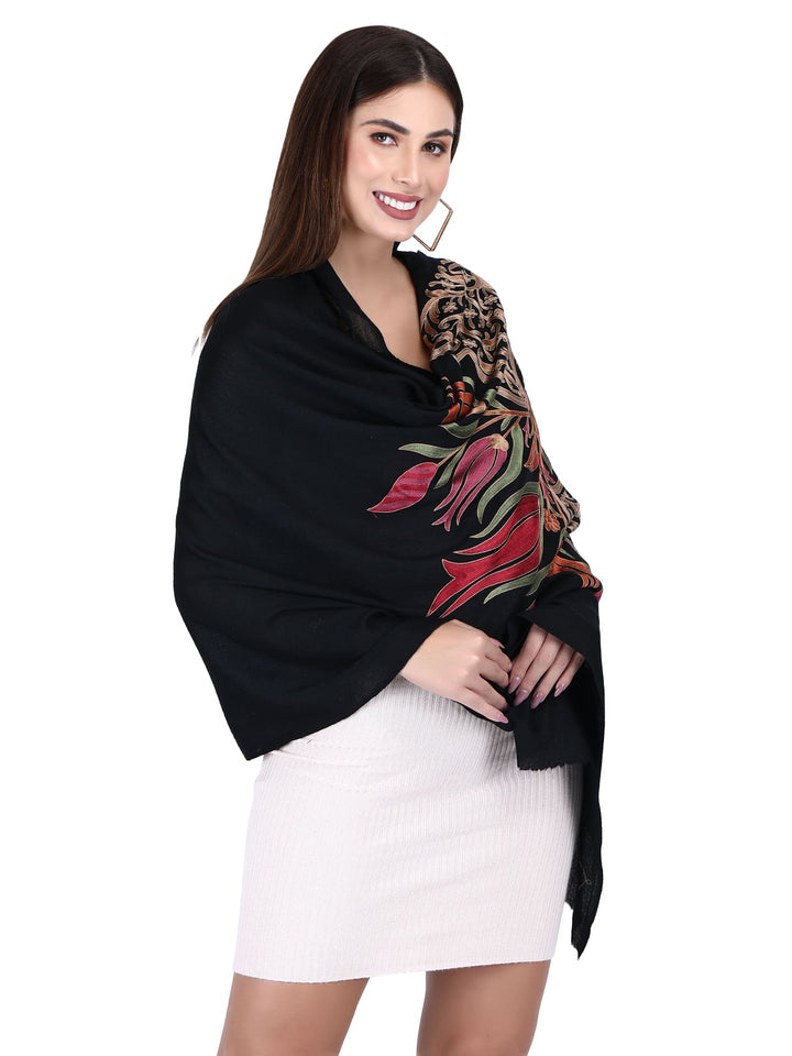 Black Kashmiri Weave Aari Fine Wool Stole- 180