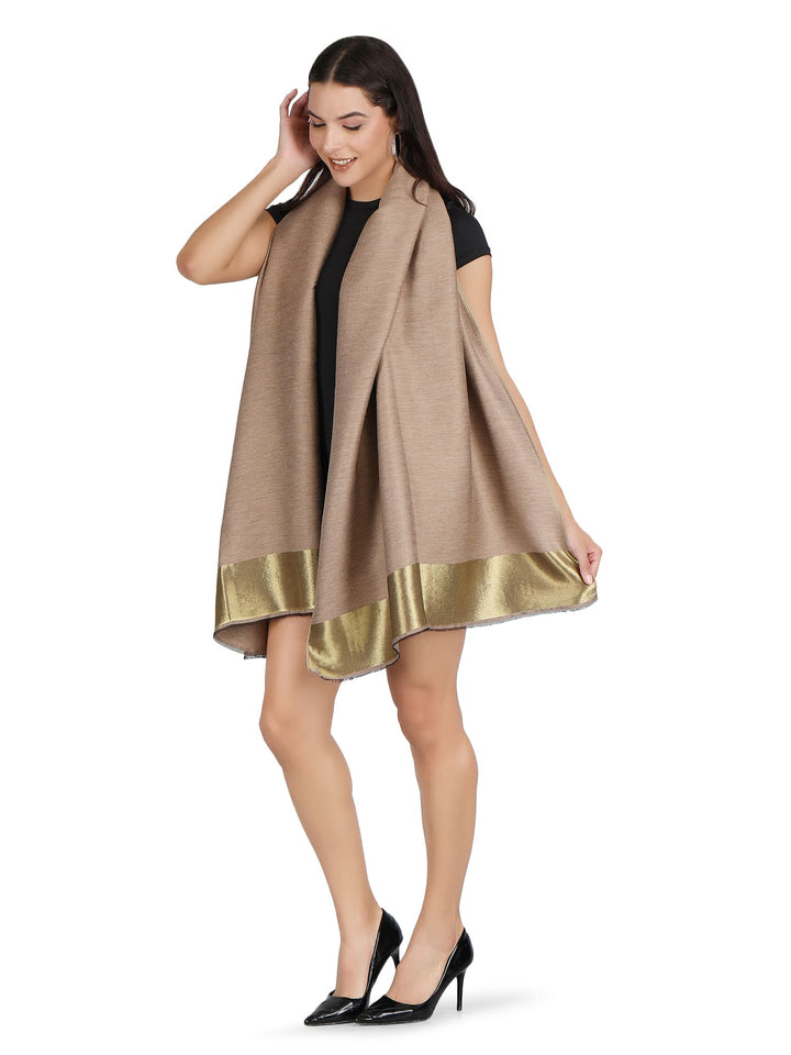 Him/Her Beige Gold Zari Reversible 100% Fine Wool Stole- 183