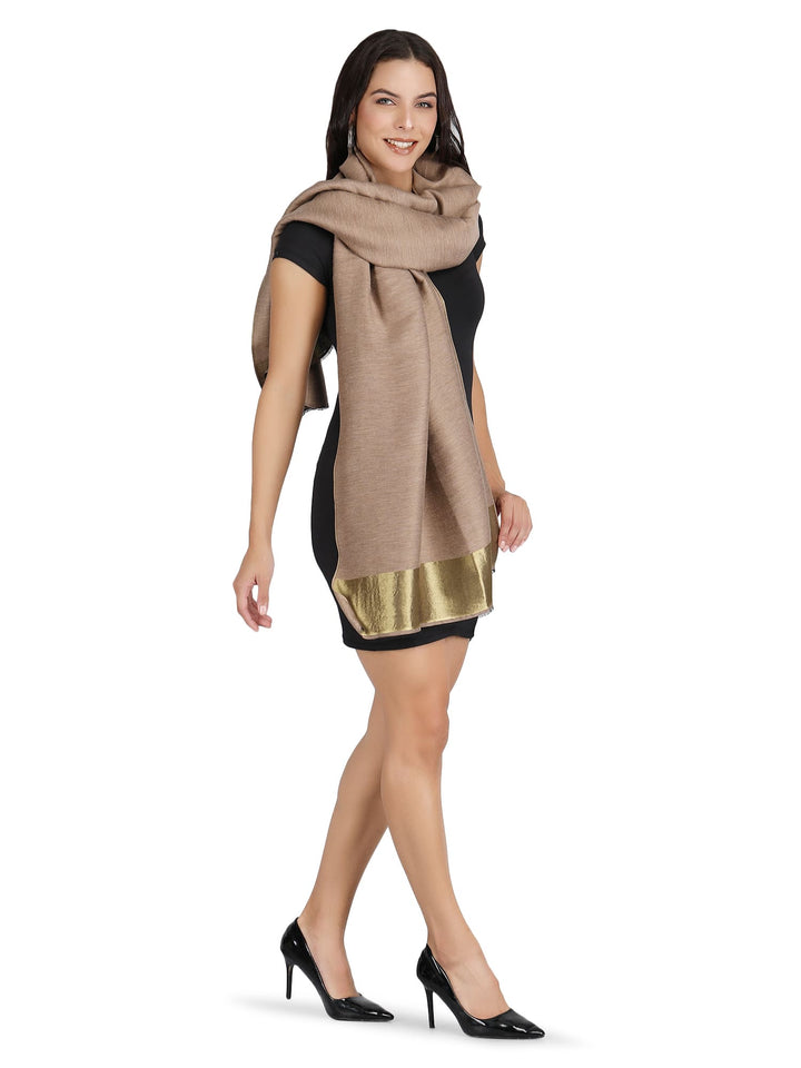 Him/Her Beige Gold Zari Reversible 100% Fine Wool Stole- 183