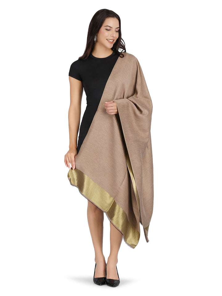 Him/Her Beige Gold Zari Reversible 100% Fine Wool Stole- 183