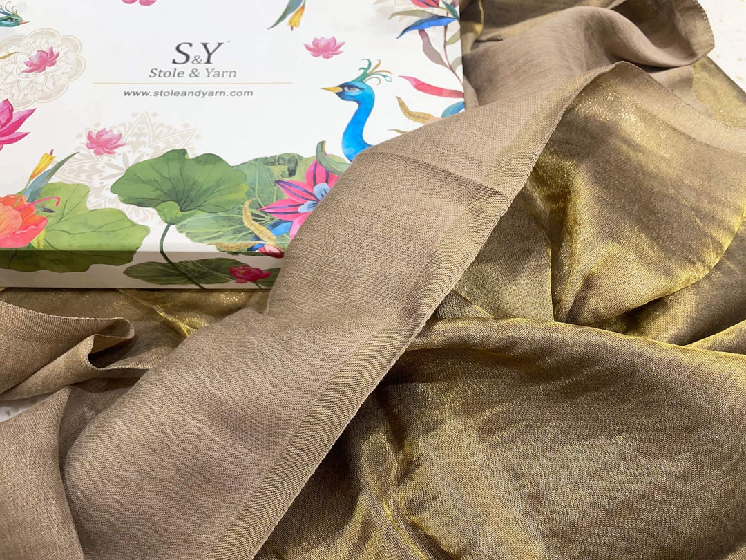 Him/Her Beige Gold Zari Reversible 100% Fine Wool Stole- 183