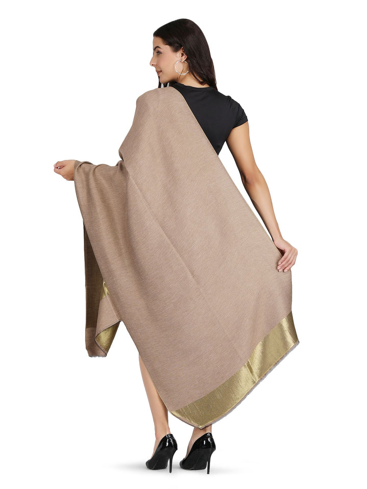 Him/Her Beige Gold Zari Reversible 100% Fine Wool Stole- 183