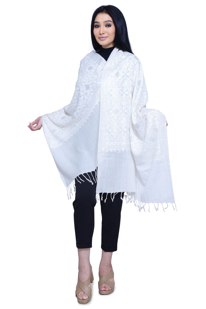 White Aari 100% Fine Wool Stole - 190