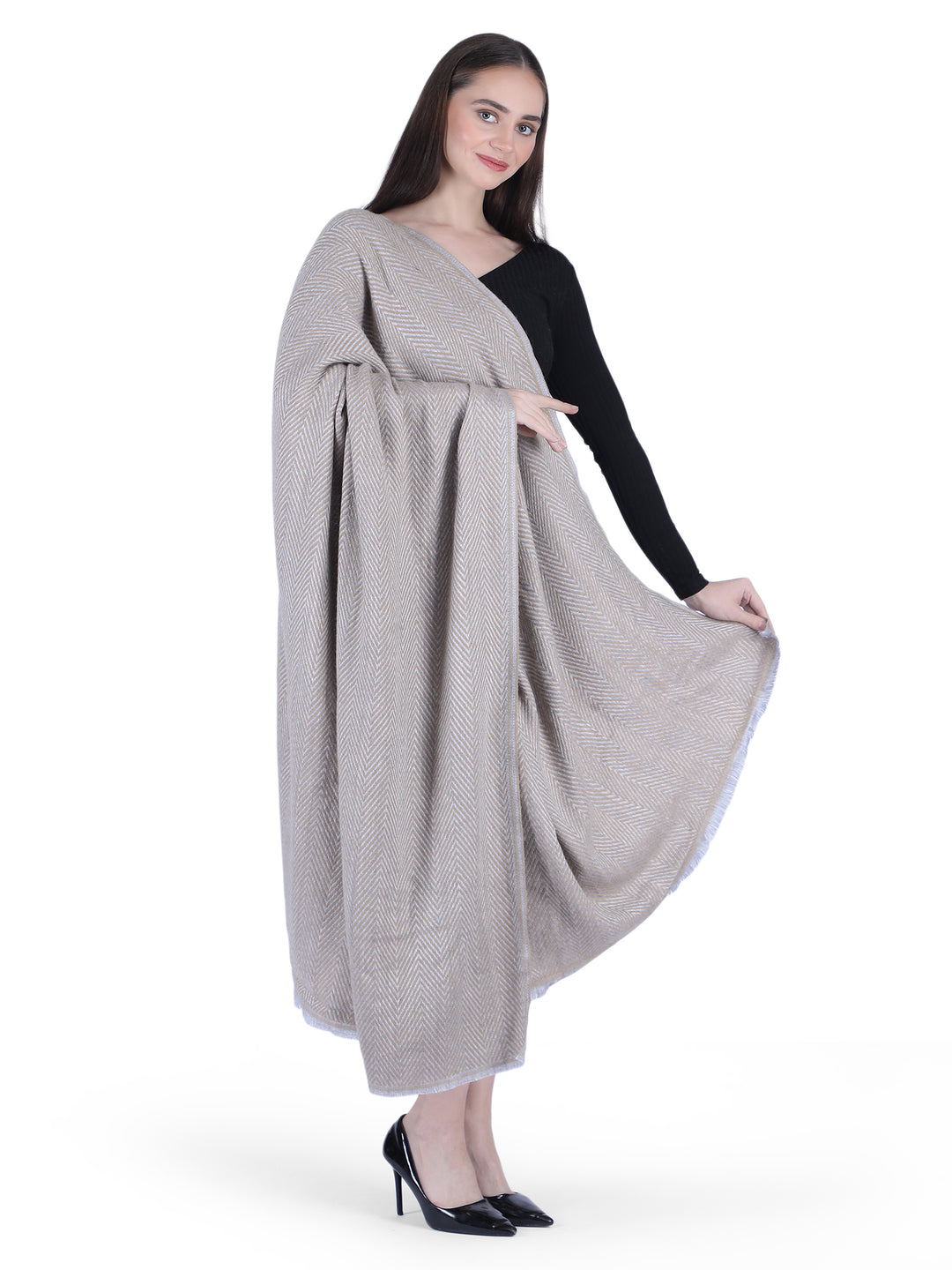 Him/Her Herringbone Mix Wool Shawl - Grey- 126