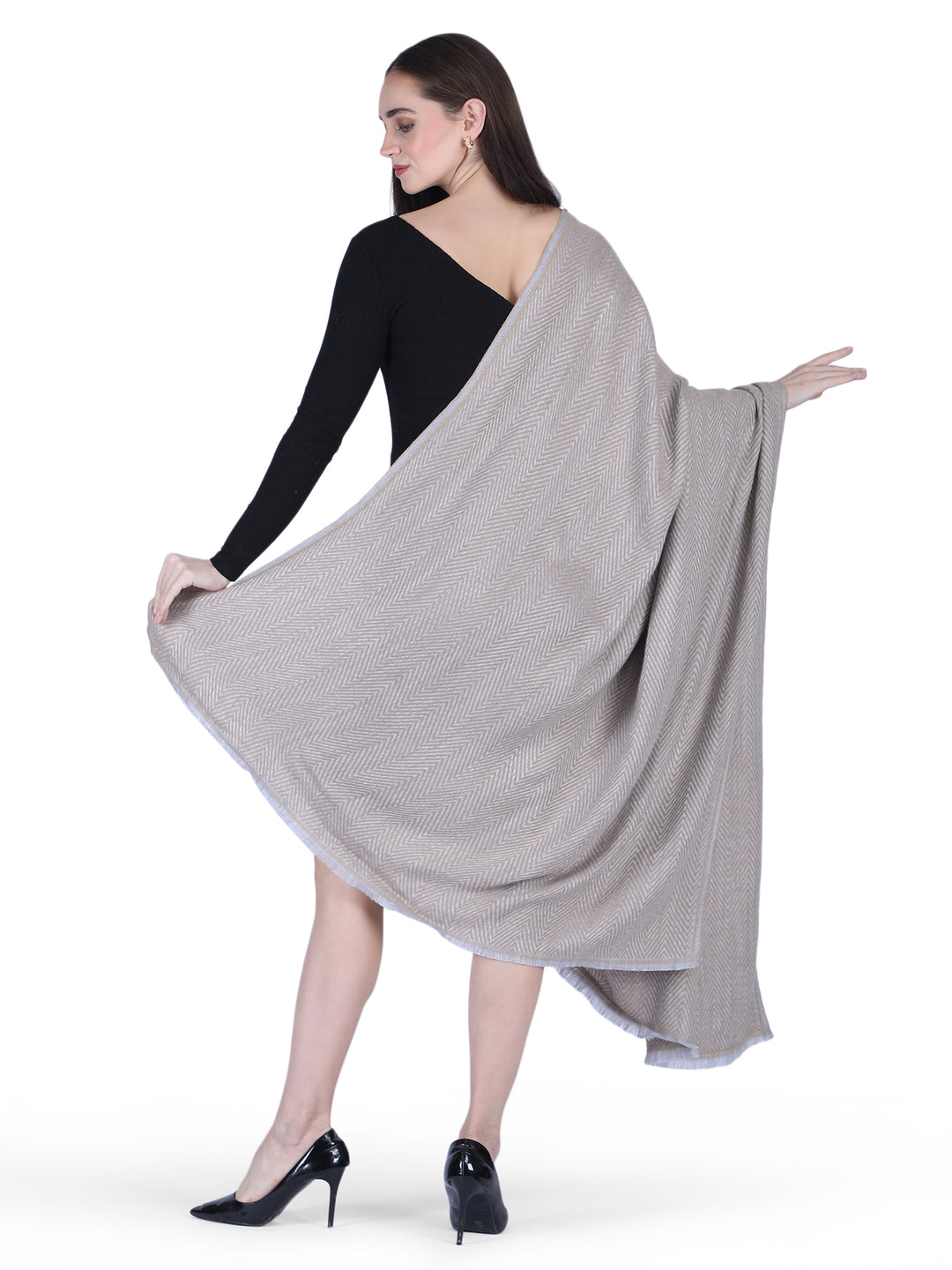 Him/Her Herringbone Mix Wool Shawl - Grey- 126