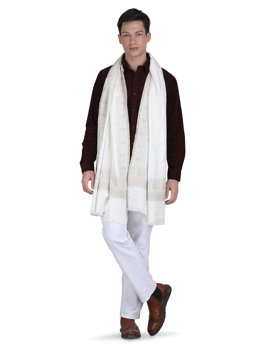 Him/Her Zari Paisley Border Modal Stole- 257 (White)