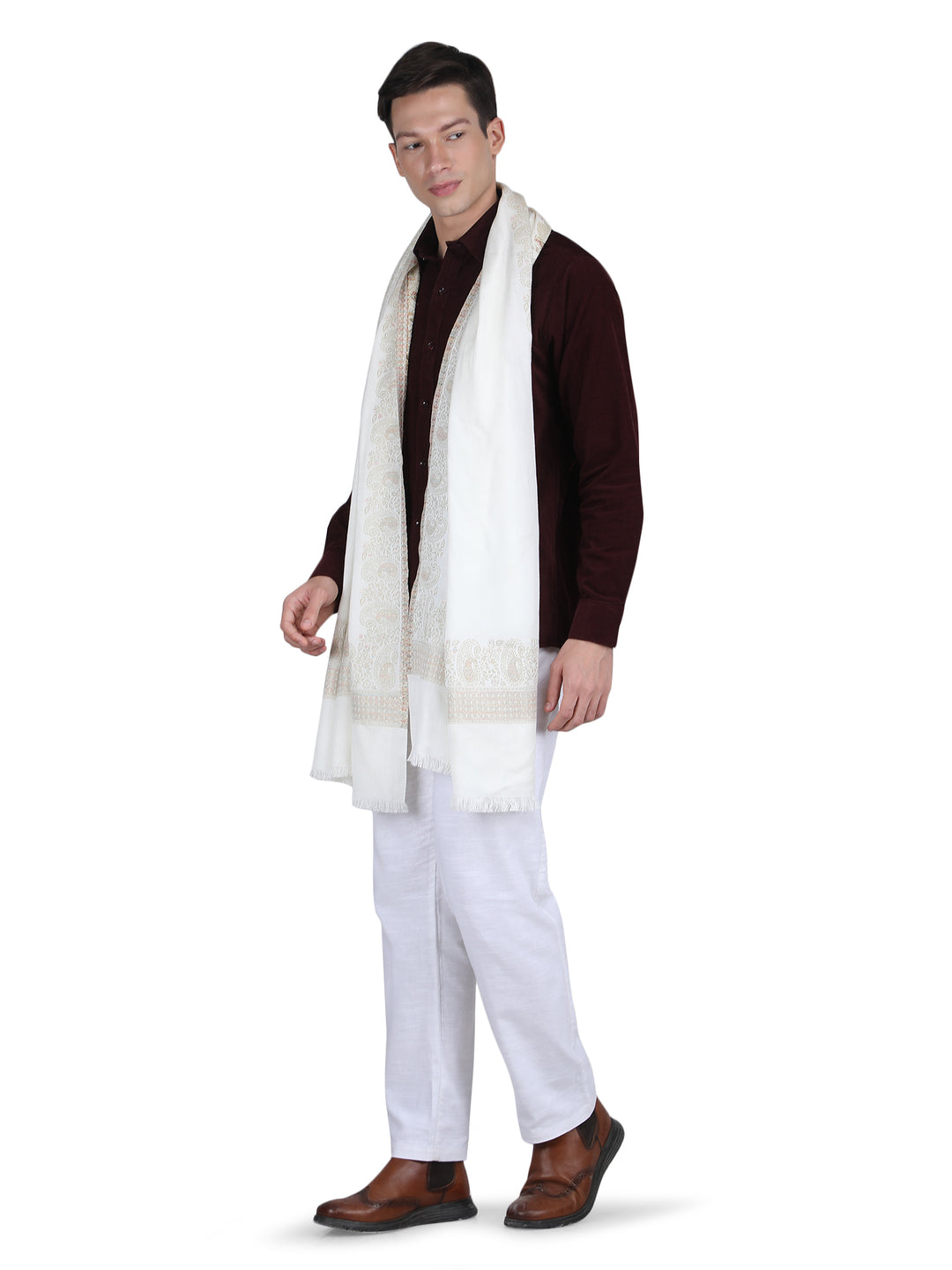 Him/Her Zari Paisley Border Modal Stole- 257 (White)