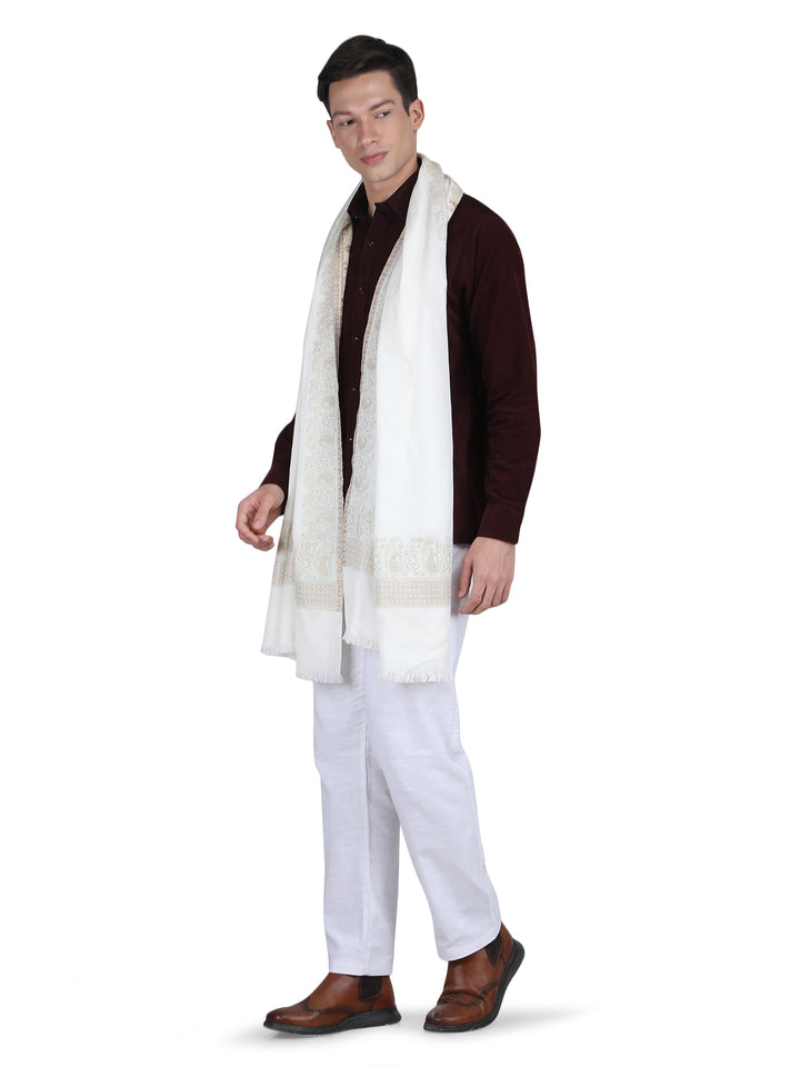 Him/Her Zari Paisley Border Modal Stole- 257 (White)