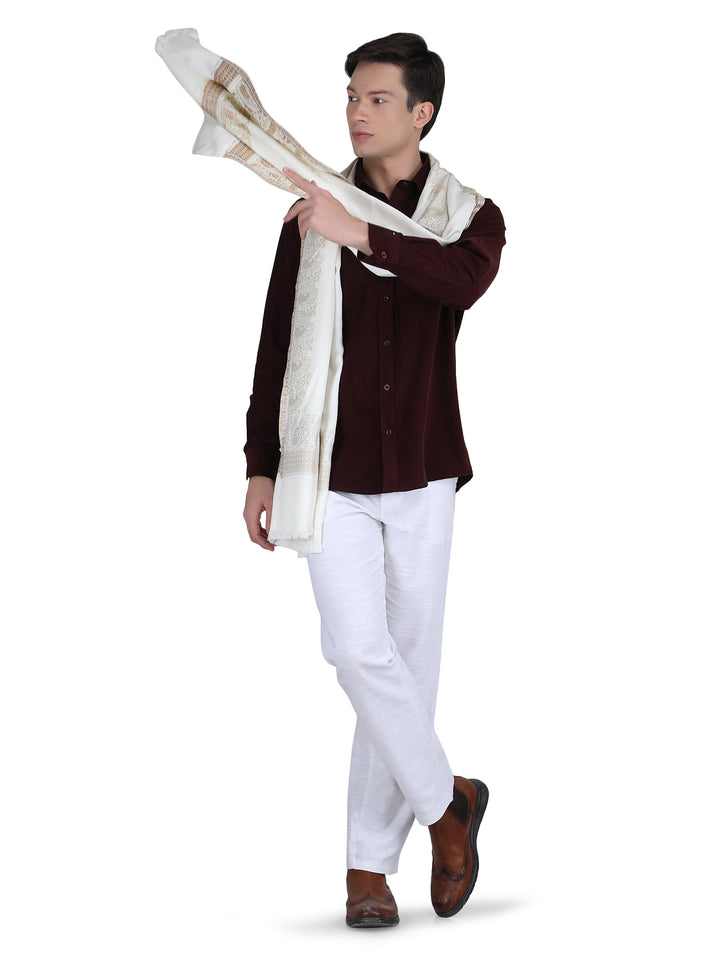 Him/Her Zari Paisley Border Modal Stole- 257 (White)