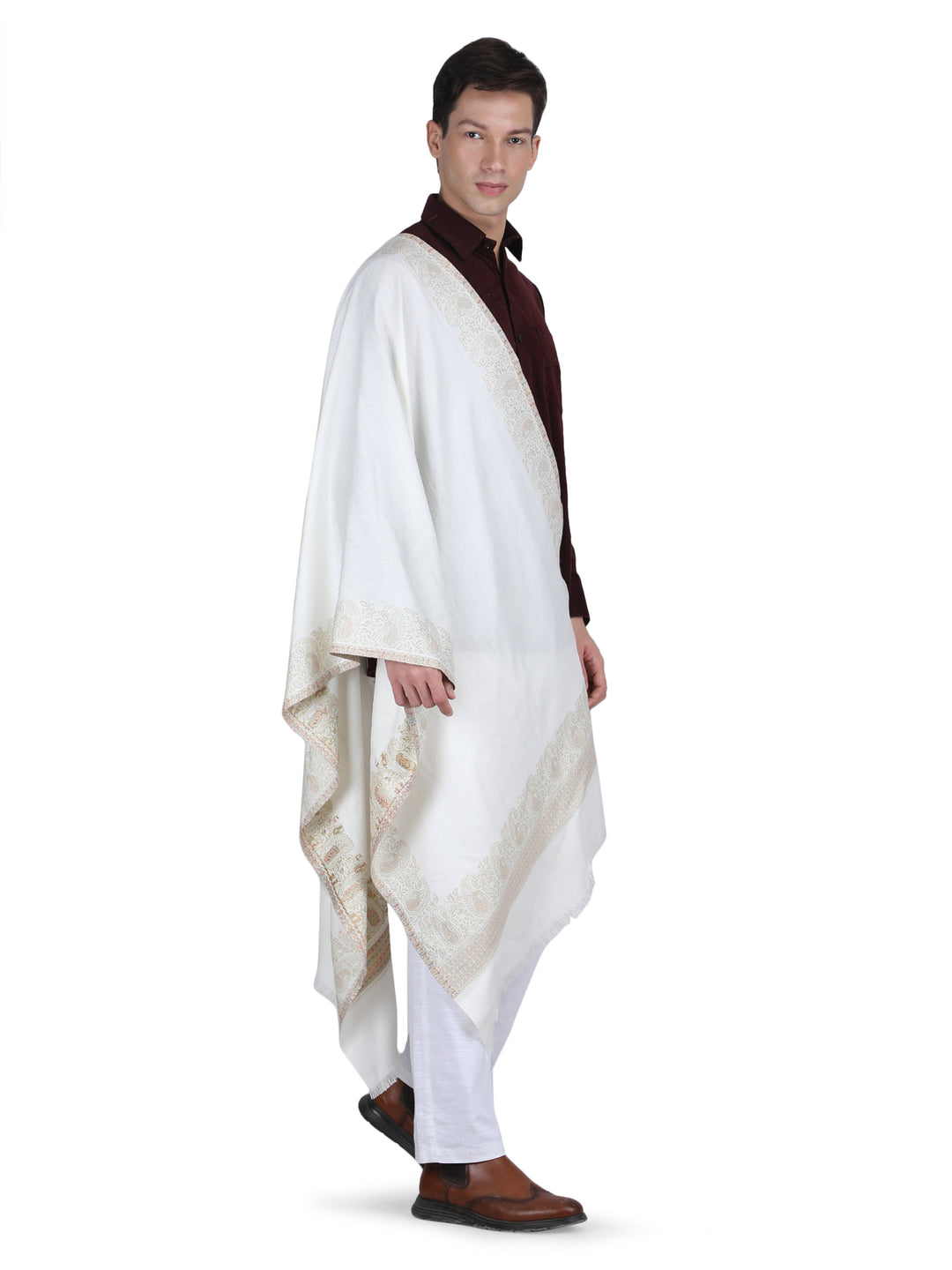 Him/Her Zari Paisley Border Modal Stole- 257 (White)