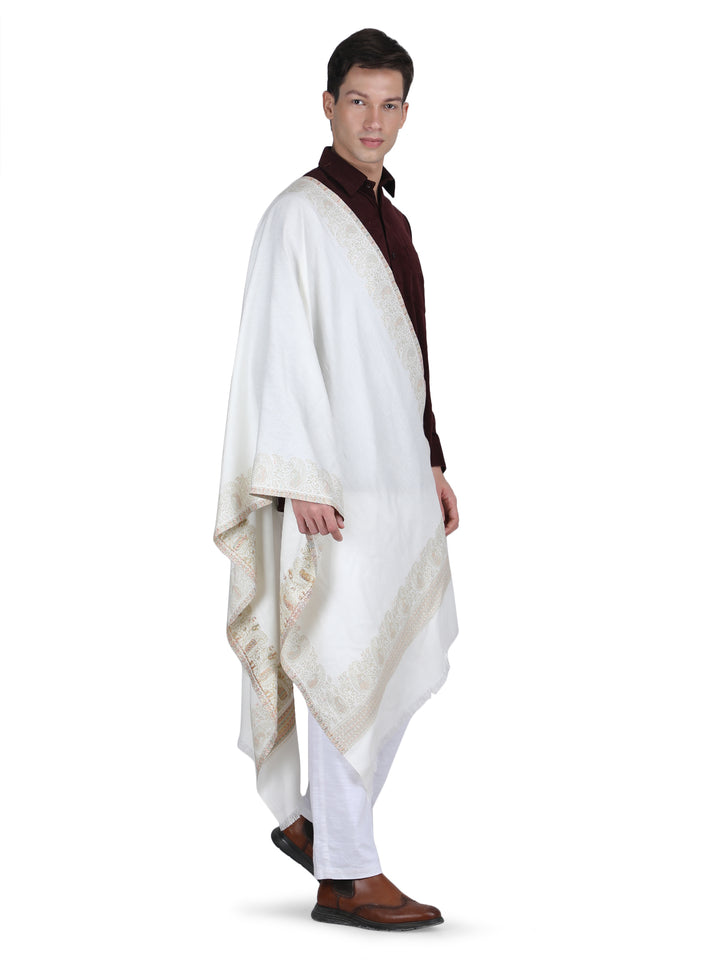 Him/Her Zari Paisley Border Modal Stole- 257 (White)