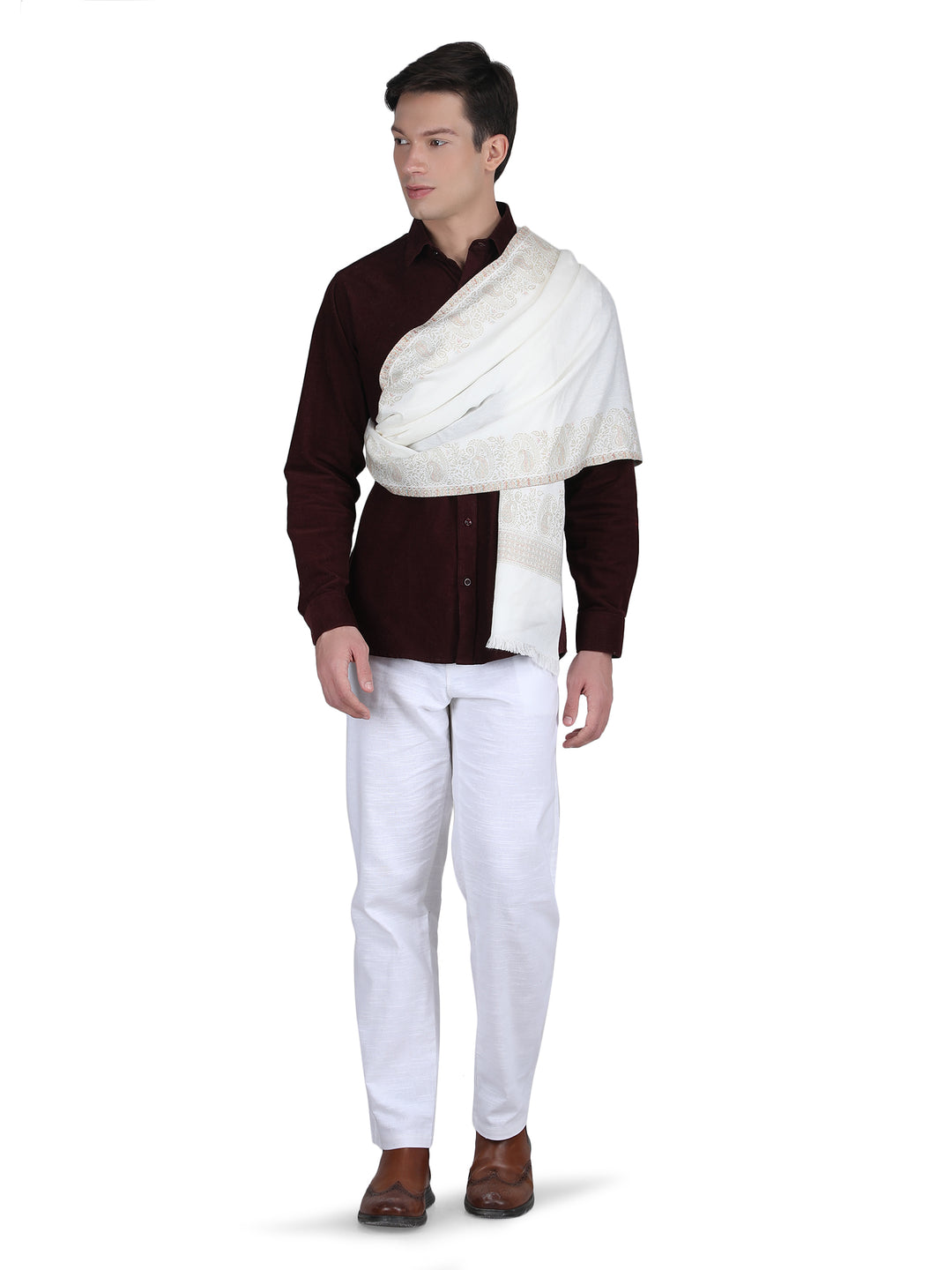 Him/Her Zari Paisley Border Modal Stole- 257 (White)