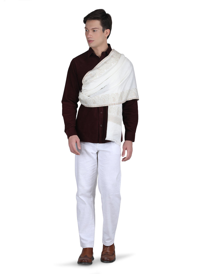 Him/Her Zari Paisley Border Modal Stole- 257 (White)