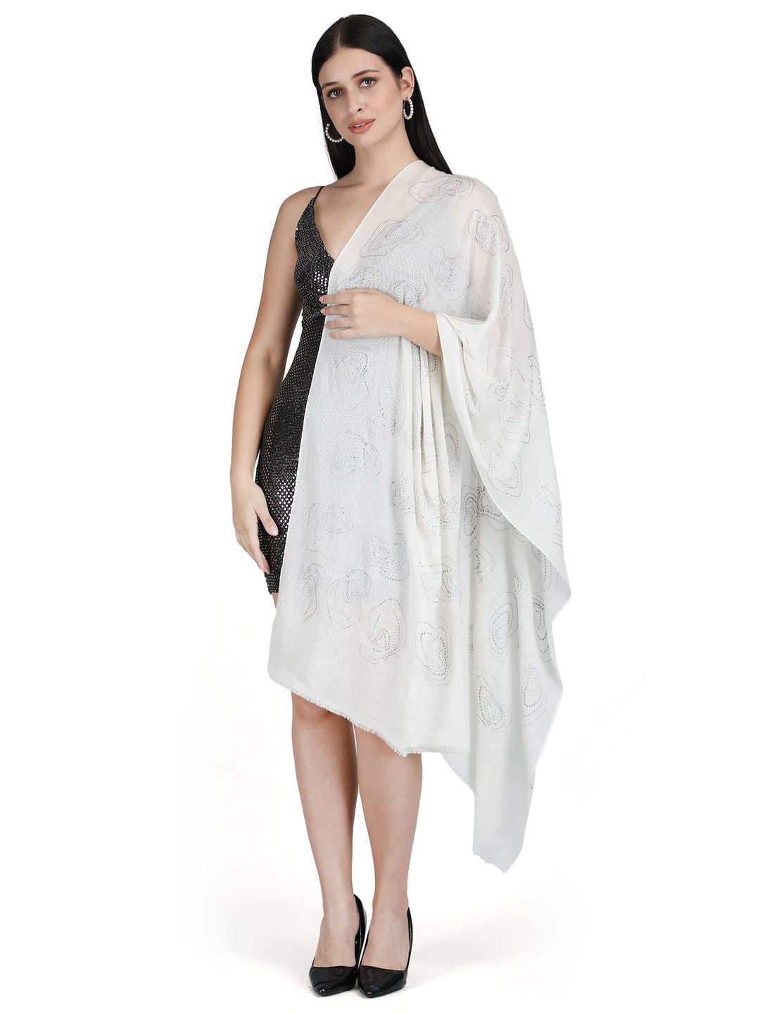 Bubble Crystals Fine Wool Stole - White & Silver