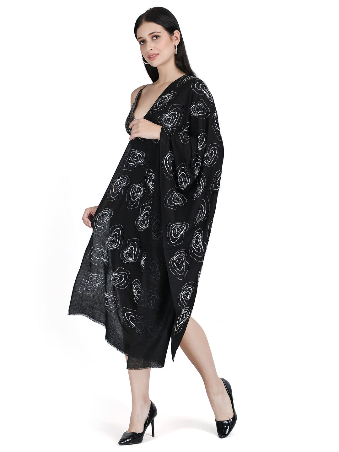 Bubble Crystals Fine Wool Stole - Black & Silver