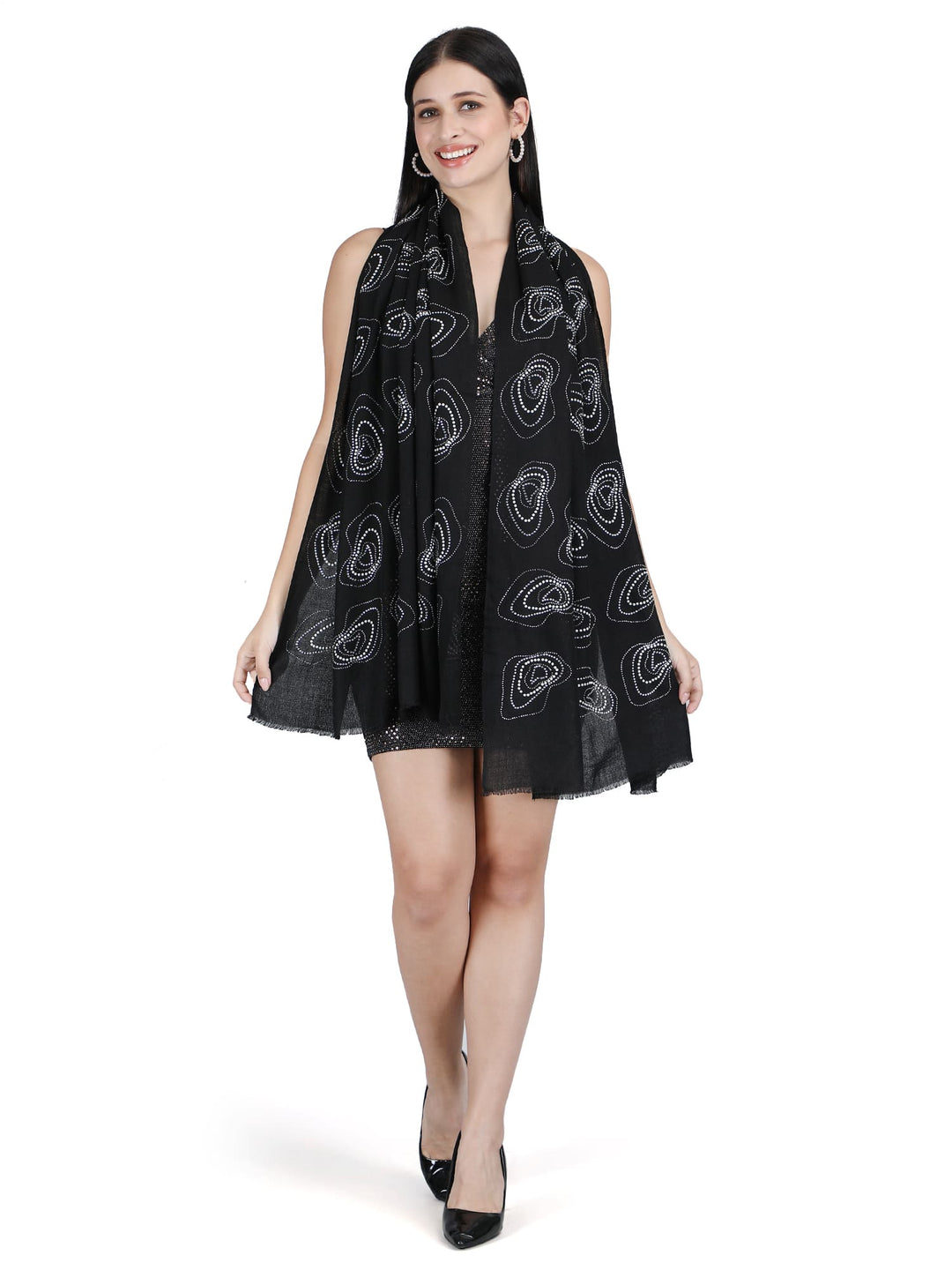 Bubble Crystals Fine Wool Stole - Black & Silver