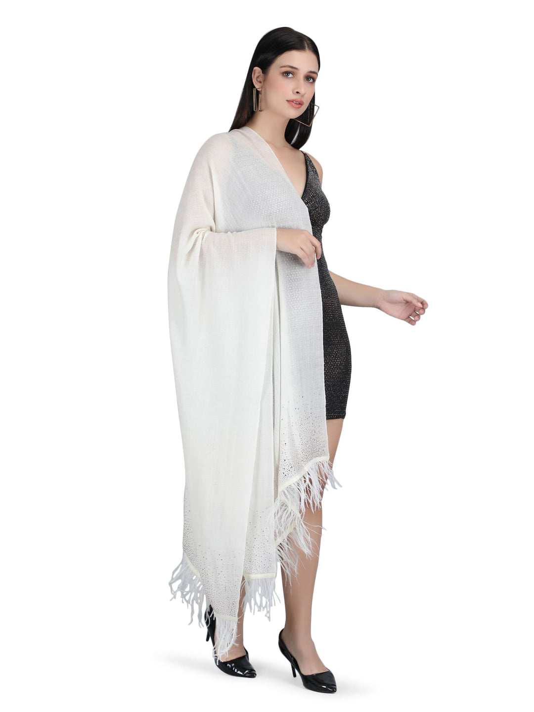 Crystal & Feather Fine Wool Stole - Ivory