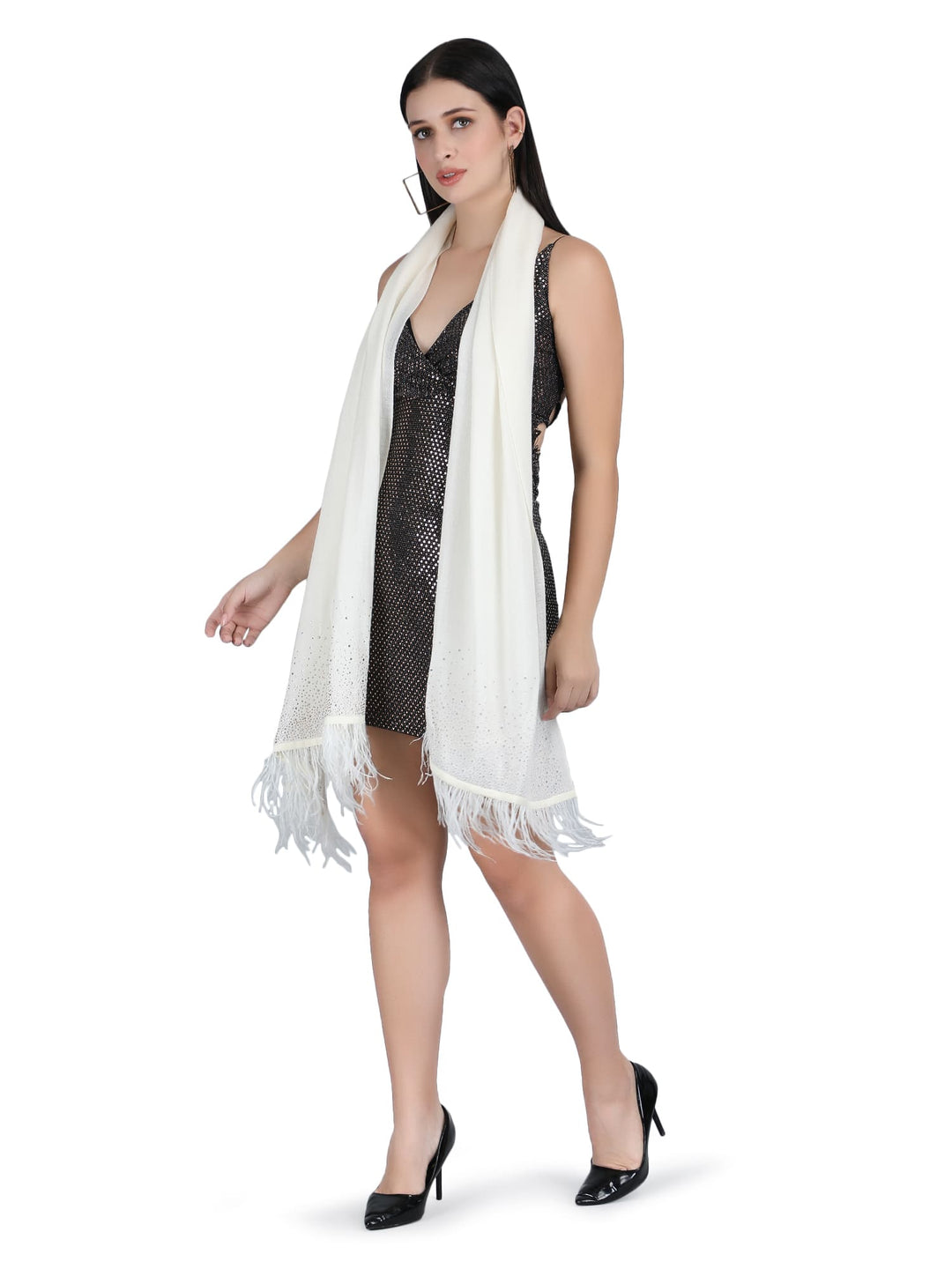 Crystal & Feather Fine Wool Stole - Ivory