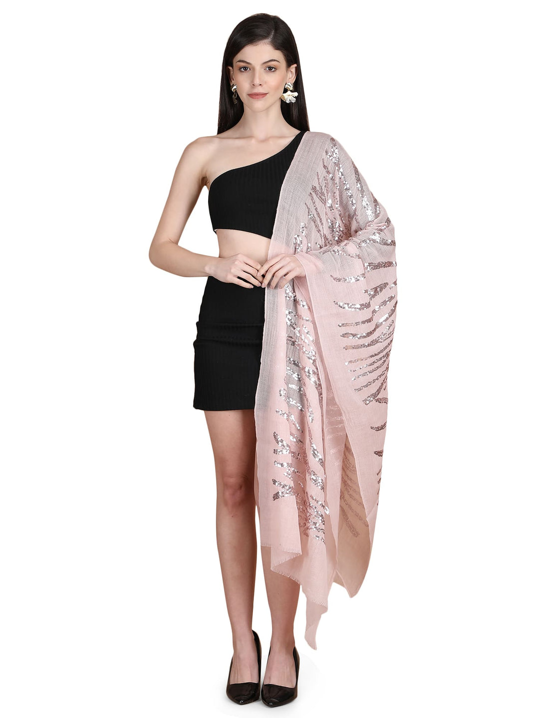 Pink Waves Sequins 100% Fine Wool Stole- 323