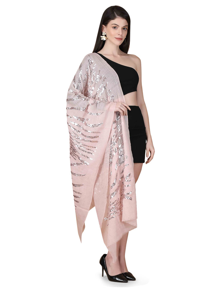 Pink Waves Sequins 100% Fine Wool Stole- 323