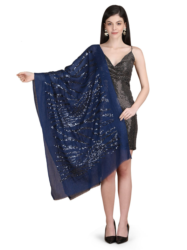 Blue Waves Sequins 100% Fine Wool Stole- 324