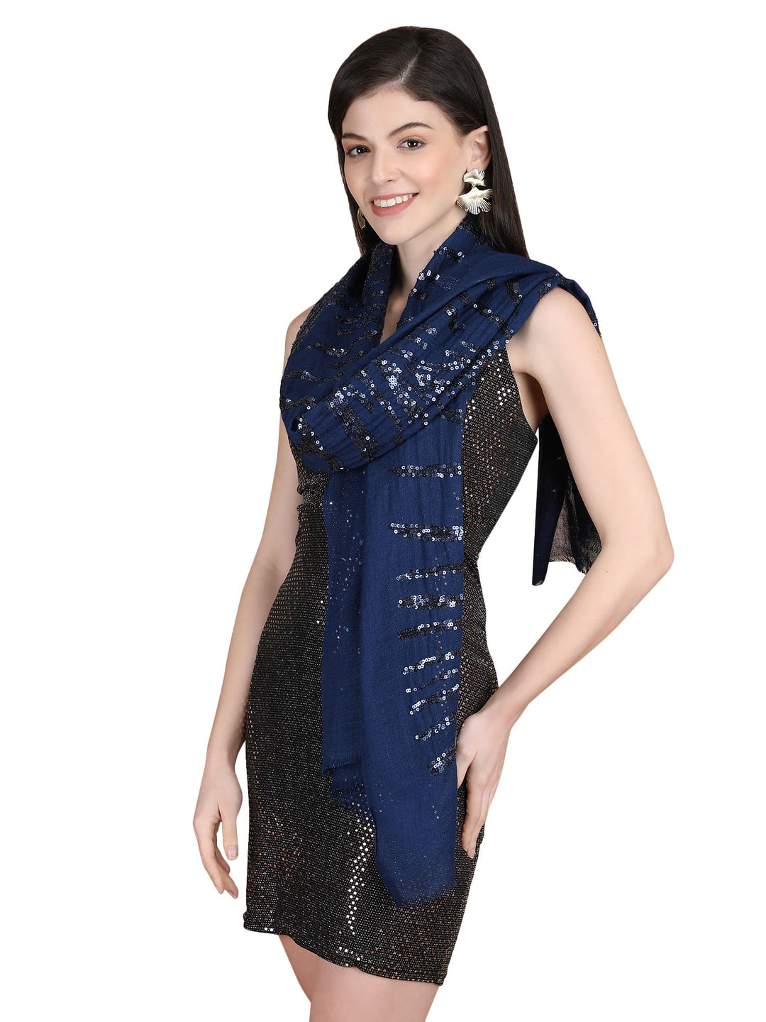 Blue Waves Sequins 100% Fine Wool Stole- 324