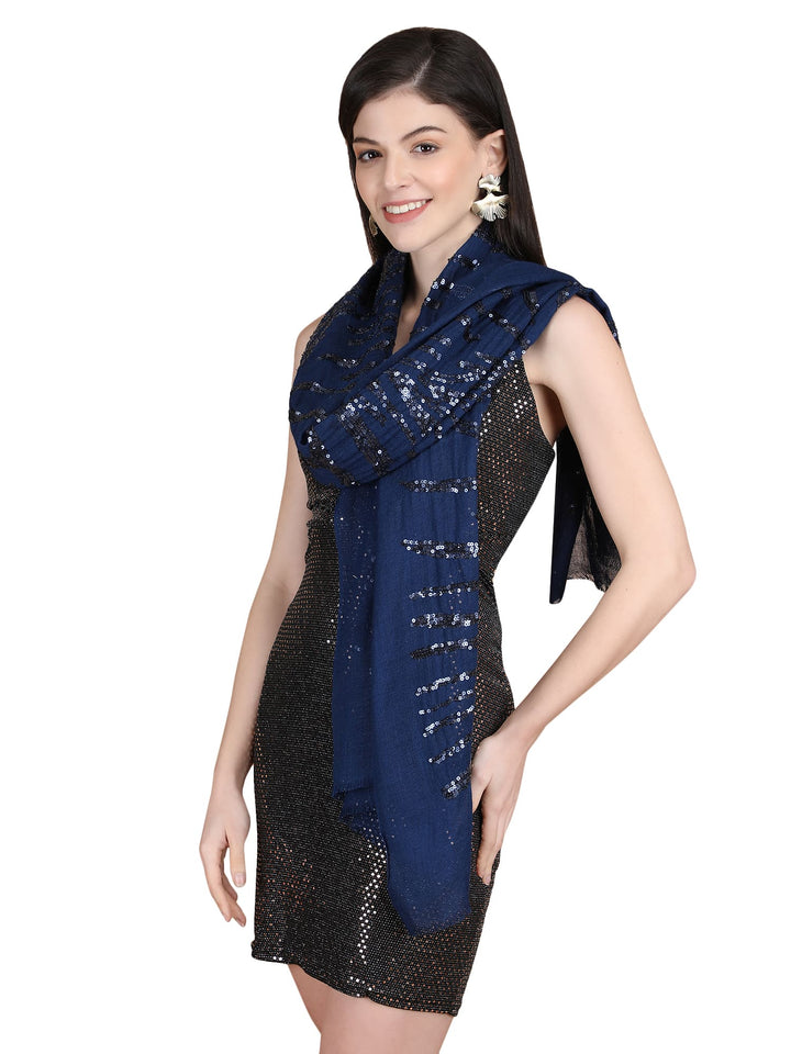 Blue Waves Sequins 100% Fine Wool Stole- 324
