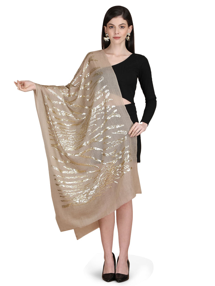 Beige Waves Sequins 100% Fine Wool Stole- 325