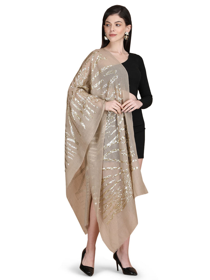 Beige Waves Sequins 100% Fine Wool Stole- 325