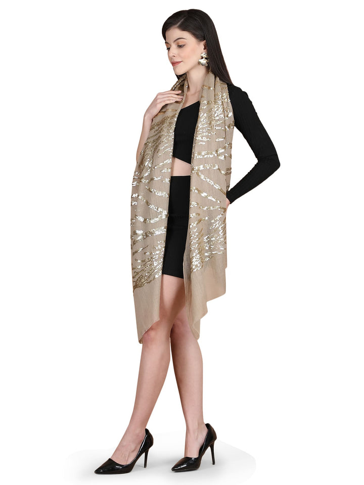 Beige Waves Sequins 100% Fine Wool Stole- 325