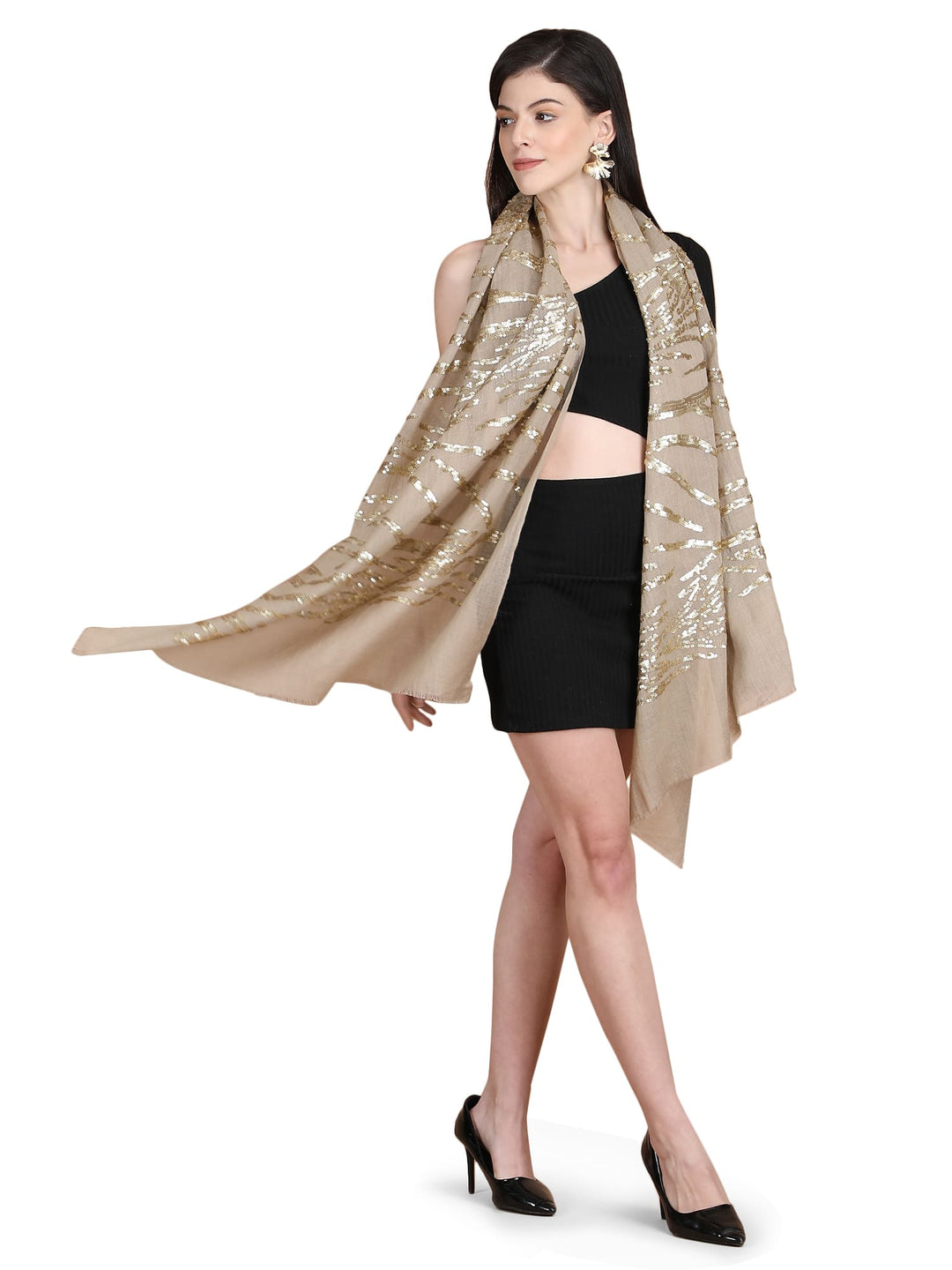 Beige Waves Sequins 100% Fine Wool Stole- 325