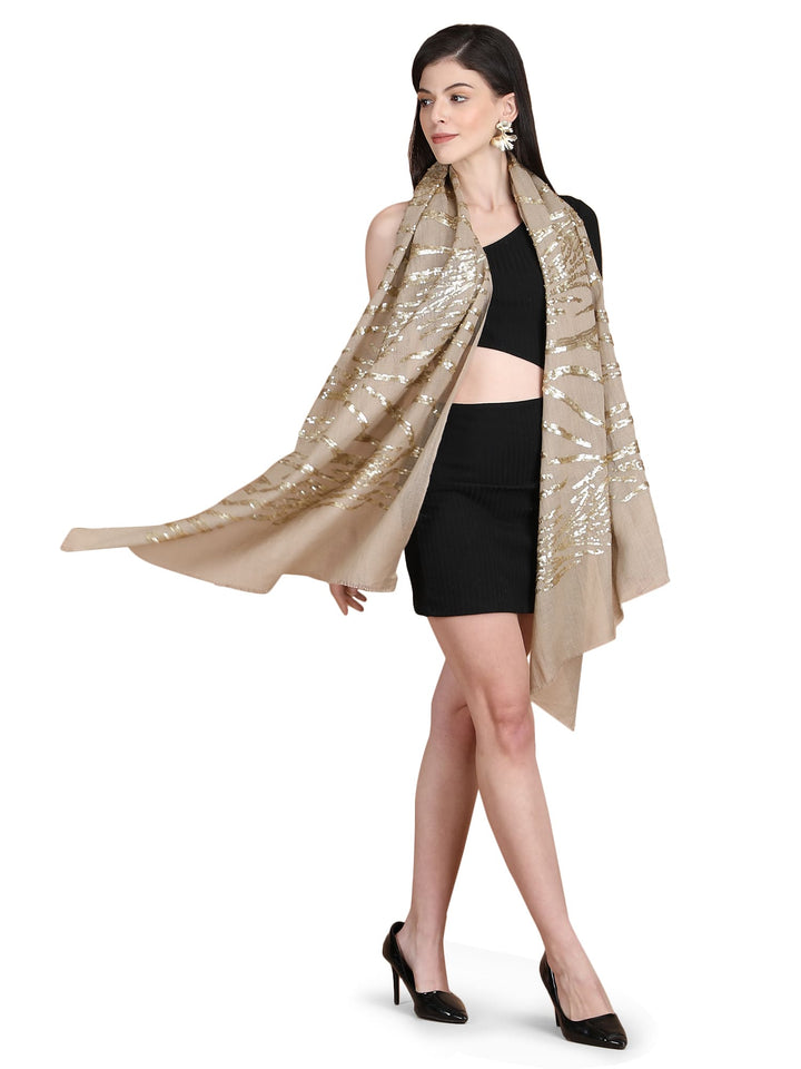 Beige Waves Sequins 100% Fine Wool Stole- 325