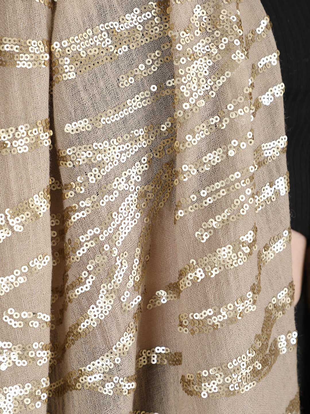 Beige Waves Sequins 100% Fine Wool Stole- 325