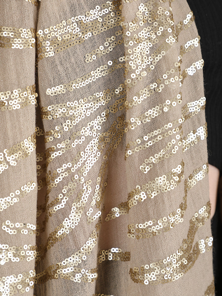 Beige Waves Sequins 100% Fine Wool Stole- 325