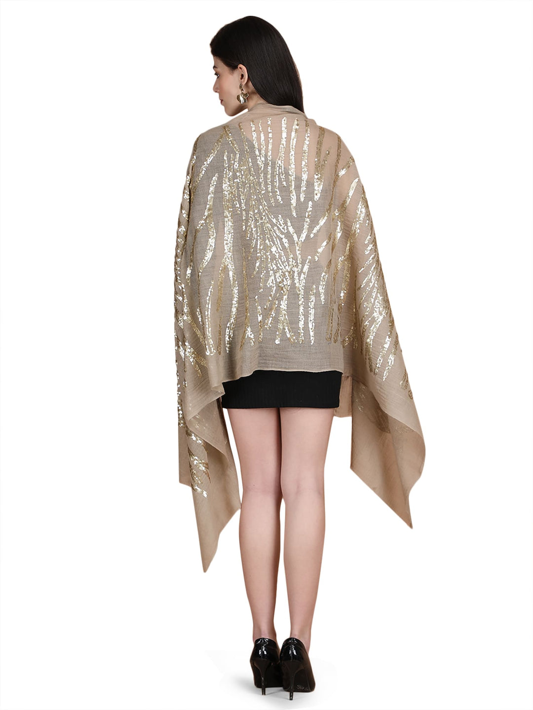 Beige Waves Sequins 100% Fine Wool Stole- 325