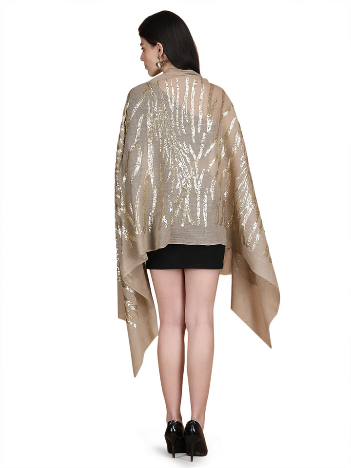 Beige Waves Sequins 100% Fine Wool Stole- 325