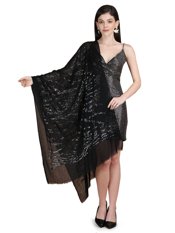 Black Waves Sequins 100% Fine Wool Stole- 326