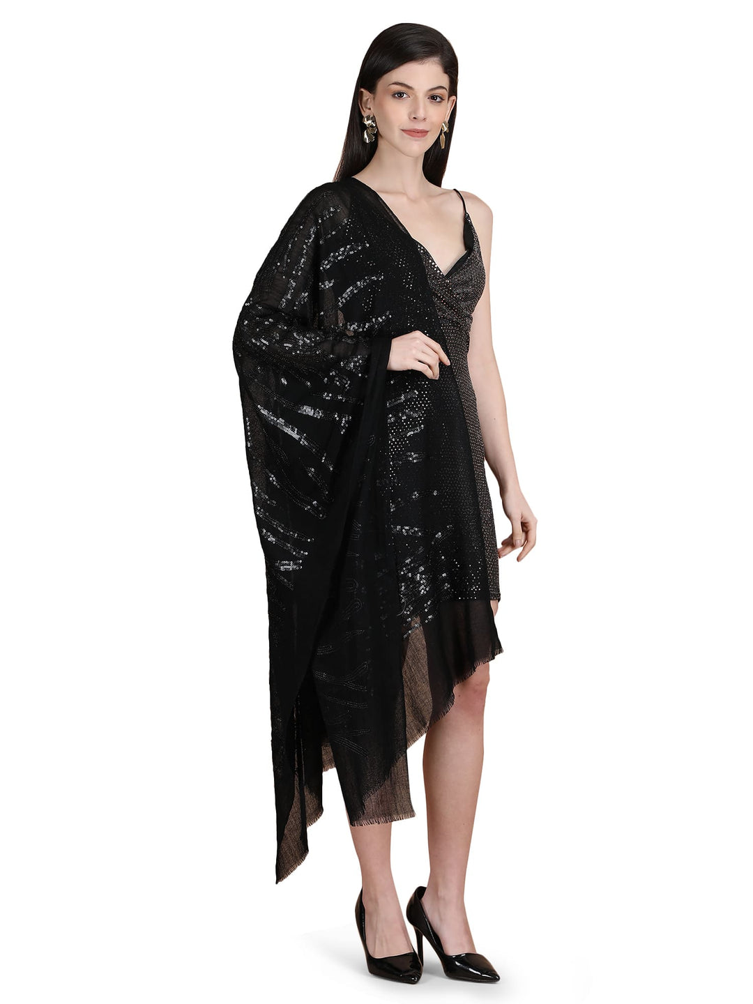 Black Waves Sequins 100% Fine Wool Stole- 326